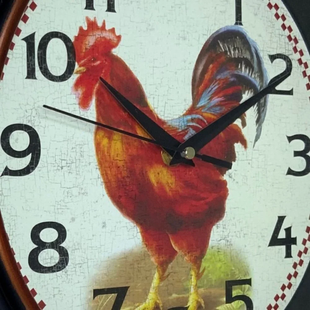 Clock Farmhouse Rooster Quartz Analog Primitive Wall Hanging 12 in Round Black